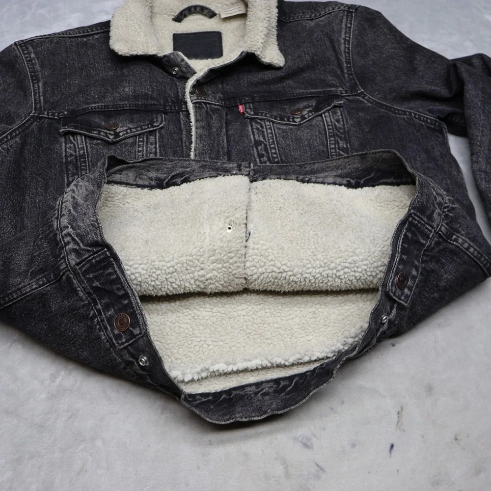 Levis Jacket Men XL Black Black Denim Trucker Sherpa Lined Classic Jean Fade
